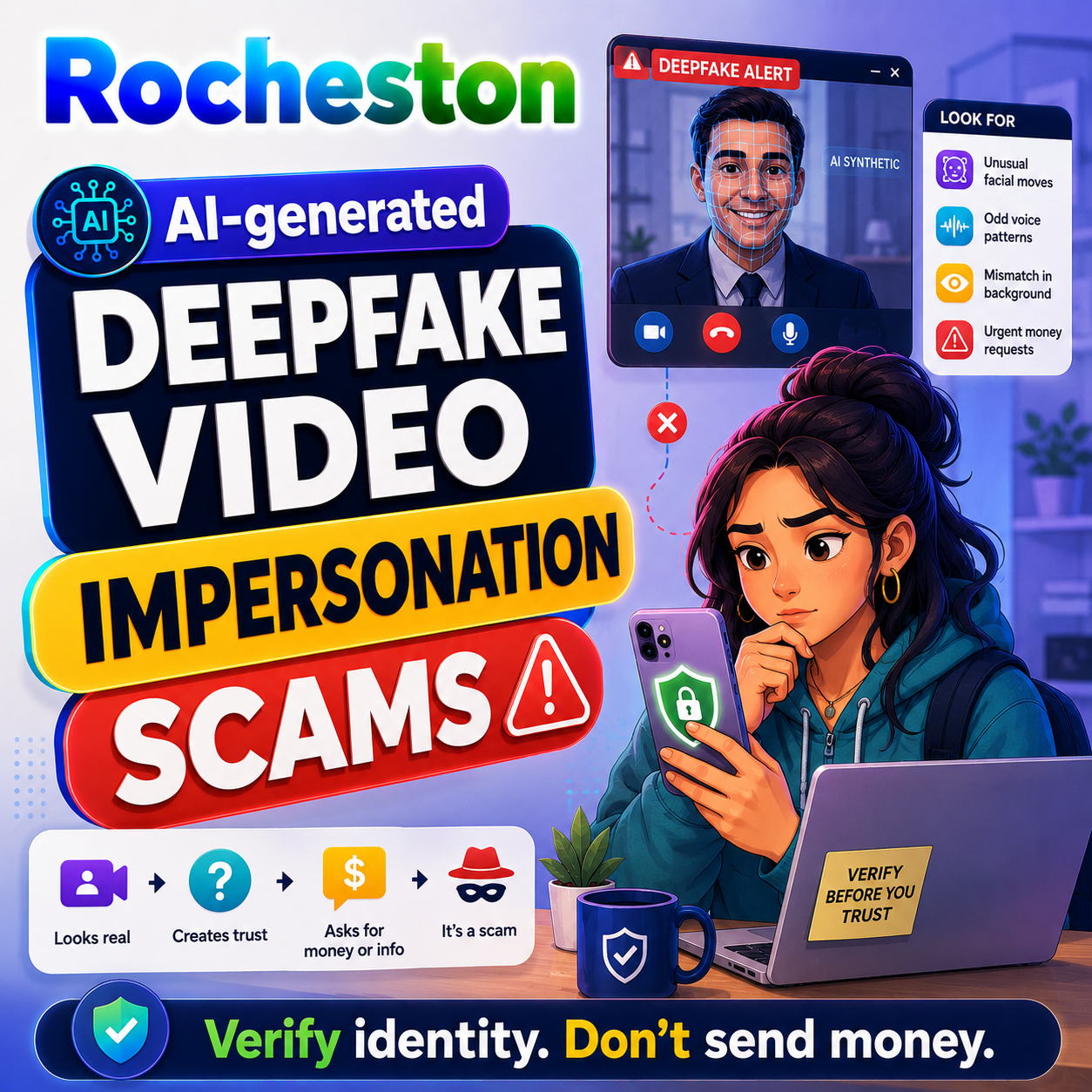ZelSafe awareness card about AI-generated deepfake video impersonation scams